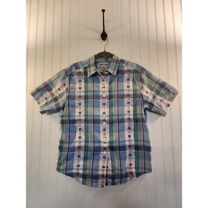 Cabin Creek Blue Plaid Embroidered Heart Button Down Shirt Cotton Womens Size L
